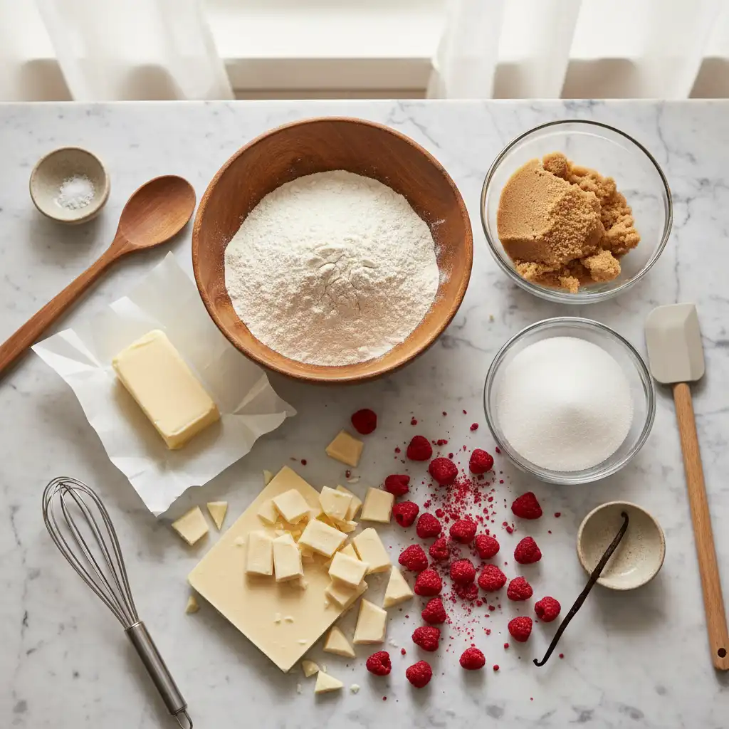 Raw high-quality ingredients laid out on a kitchen work surface
