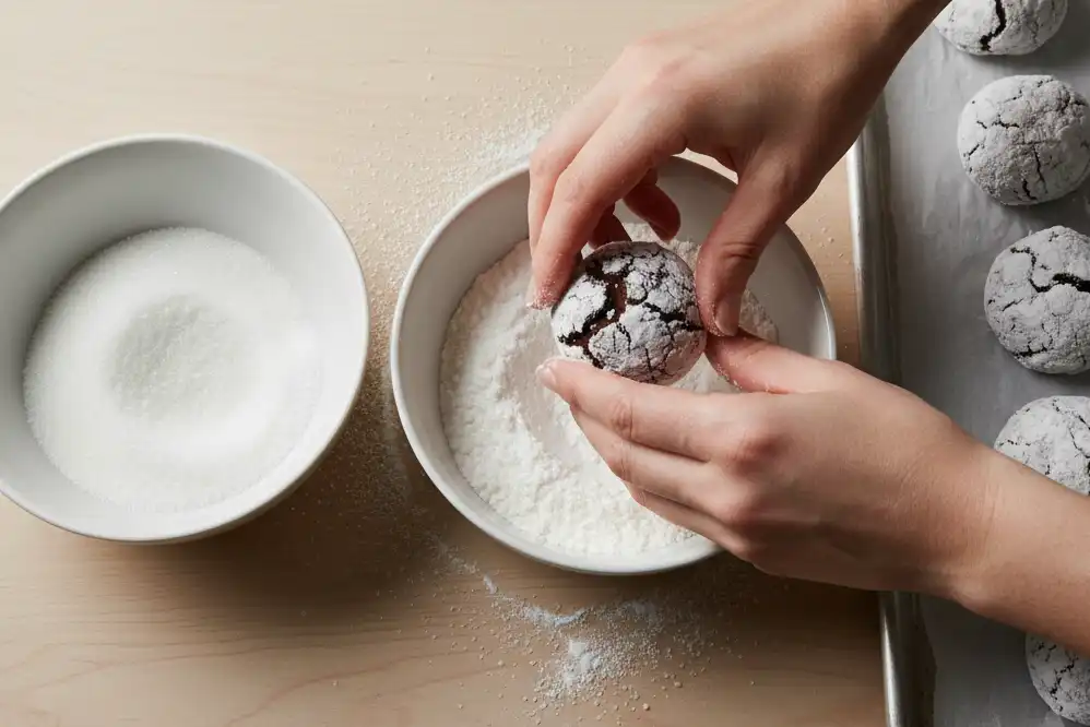 Rolling chilled chocolate dough balls heavily in powdered sugar before placing them on the baking sheet