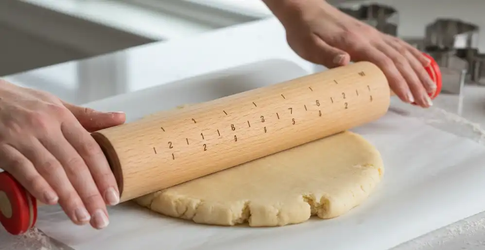 Rolling out chilled gluten-free sugar cookie dough between two sheets of parchment paper to an even quarter-inch thickness