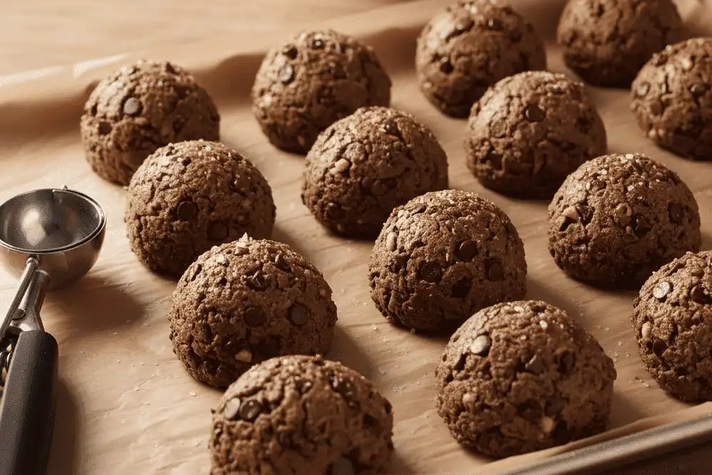 Scooped cookie dough balls arranged evenly on a parchment-lined baking sheet