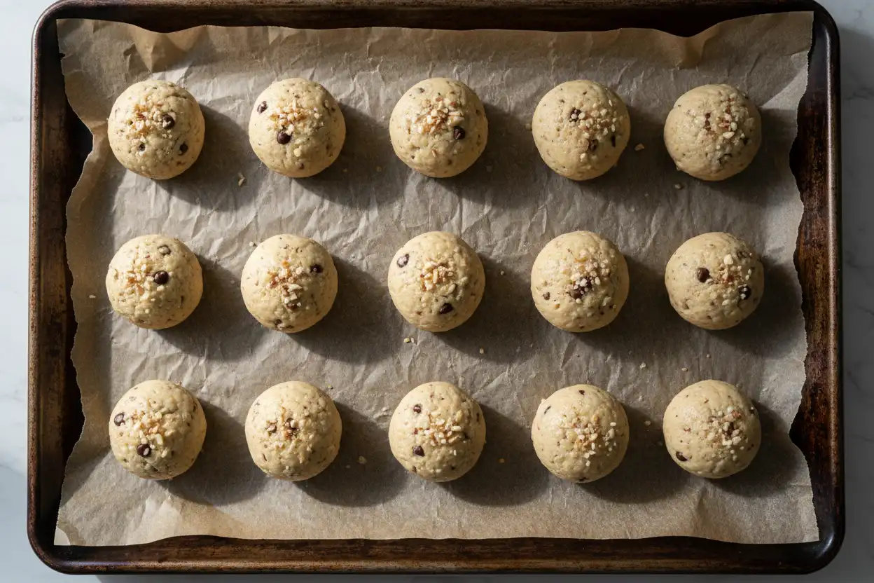Scooped cookie dough balls arranged on a parchment-lined baking sheet before oven insertion