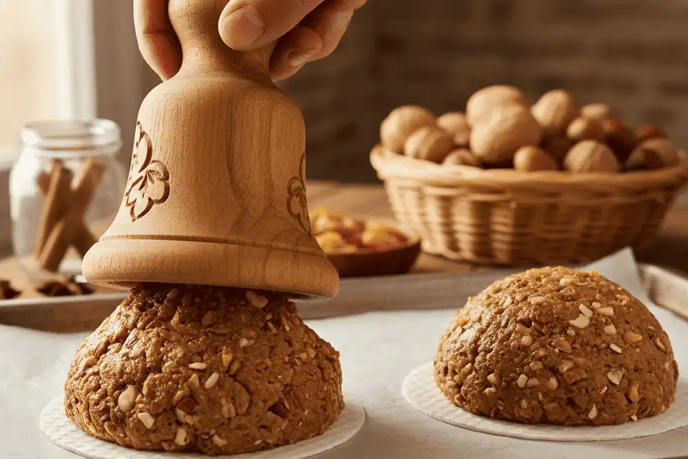 Scooping spiced nut paste onto Backoblaten wafers using a traditional turned-wood Lebkuchenglocke