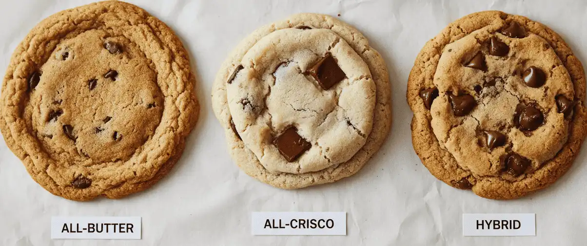 Side-by-side comparison of baked cookies All-Butter, All-Crisco, and 5050 Blend