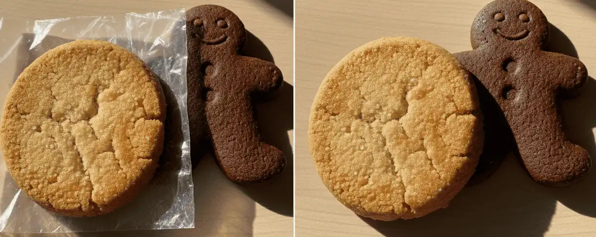 Side-by-side comparison of crisp shortbread stored with and without a glassine barrier next to soft gingerbread