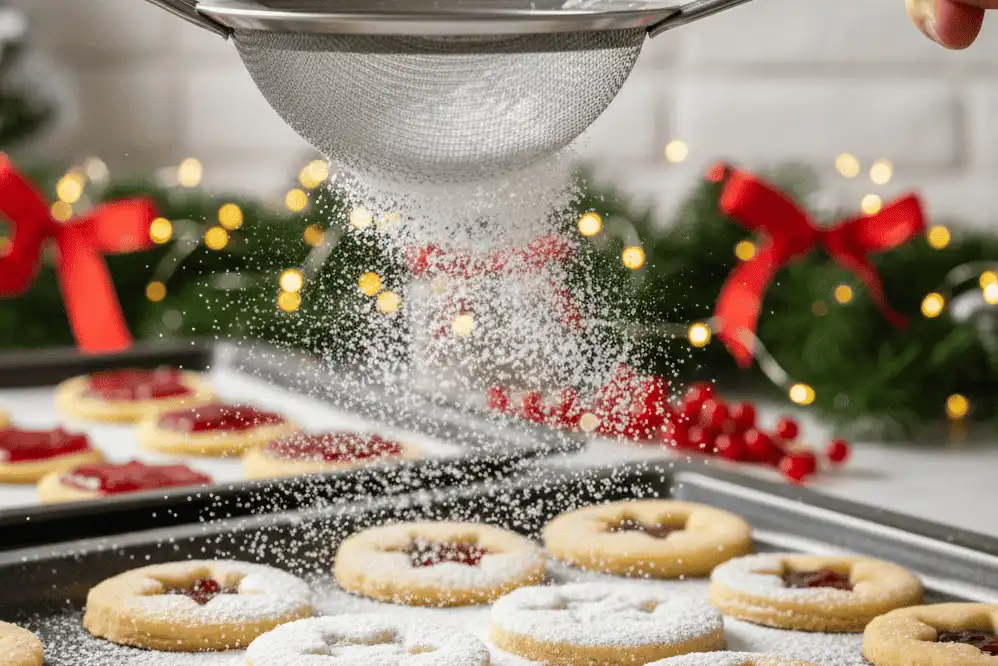 Sifting powdered sugar over the cutout top cookies before sandwiching them onto the jam-covered cookie bases
