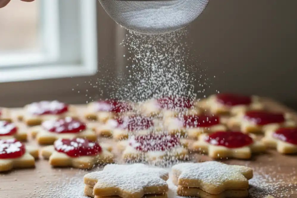 Sifting powdered sugar over the cutout top halves of gluten-free Linzer cookies before assembling with raspberry jam