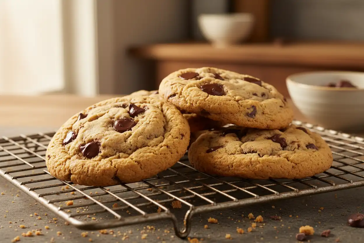 Stack of freshly baked soft-baked protein chocolate chip cookies on a cooling rack