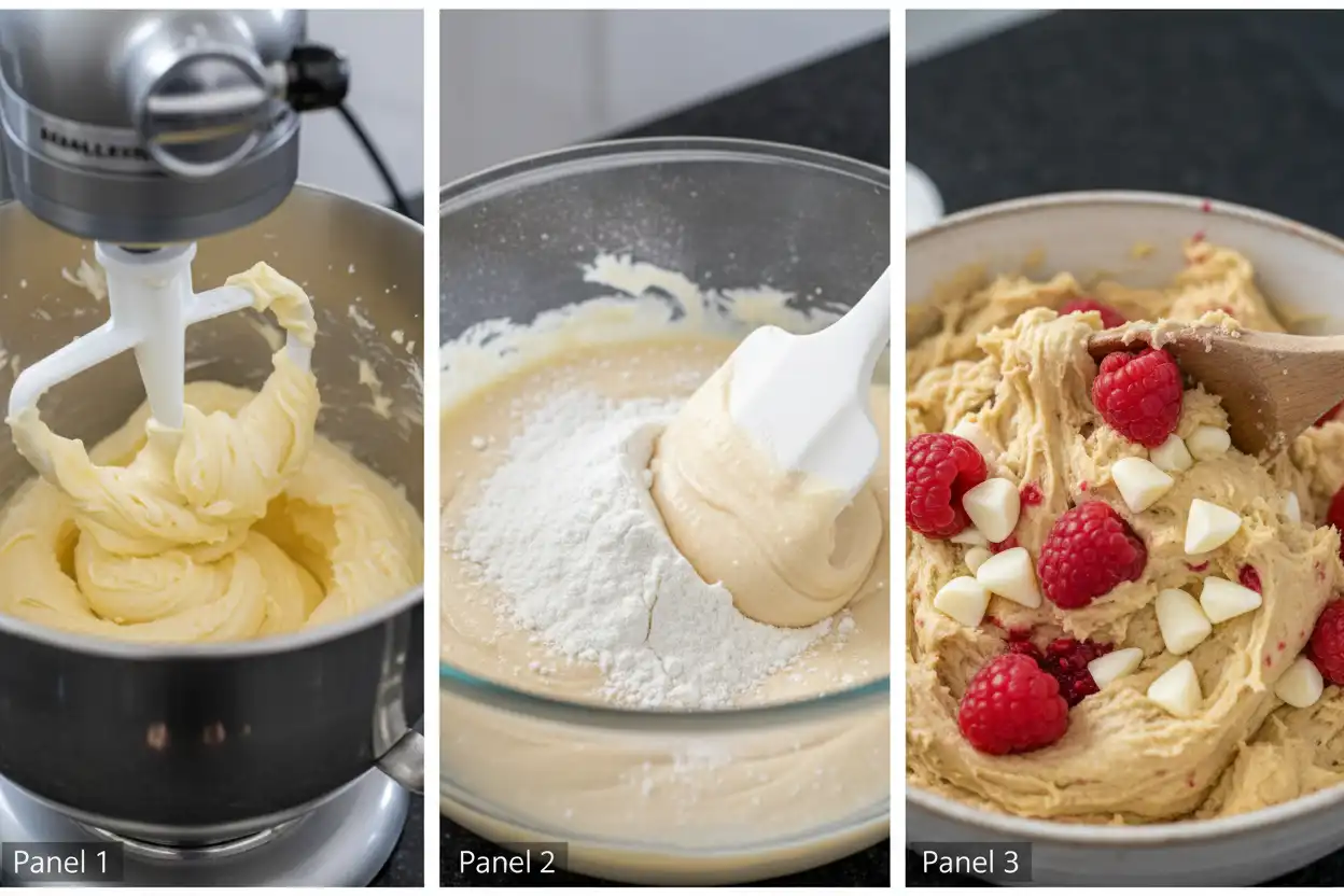 Step-by-step dough mixing process showing butter creaming, dry ingredient folding, and berry addition