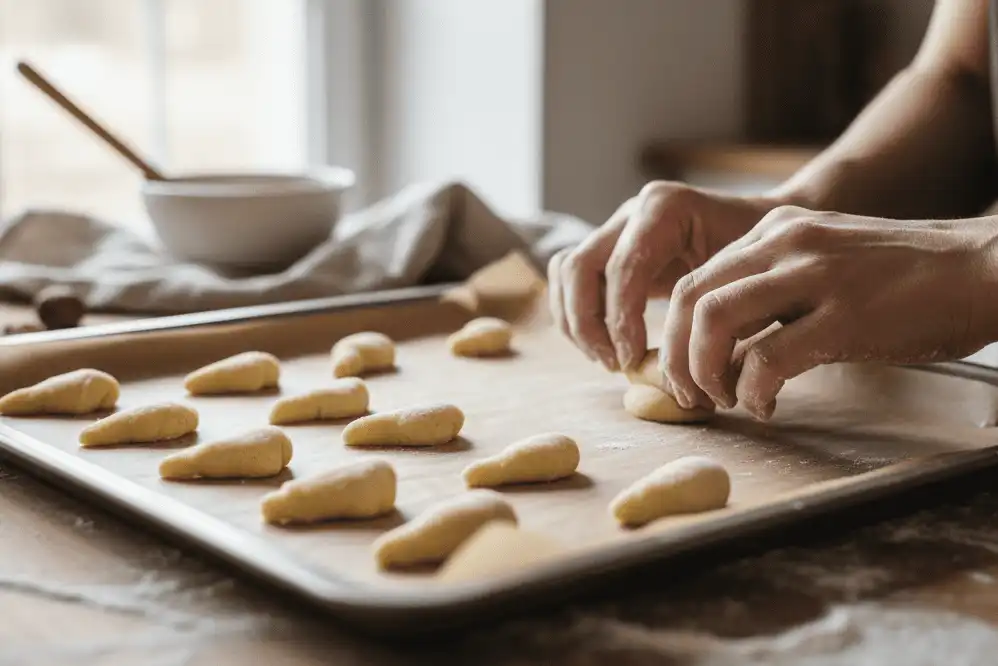 Tapering and bending chilled almond shortcrust ropes into uniform crescent shapes on baking parchment