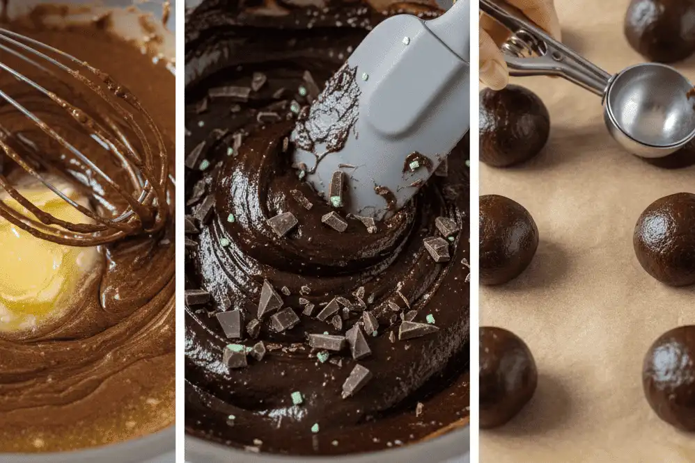 Three-part image showing the cocoa blooming process, dough folding, and portioning onto lined baking sheets