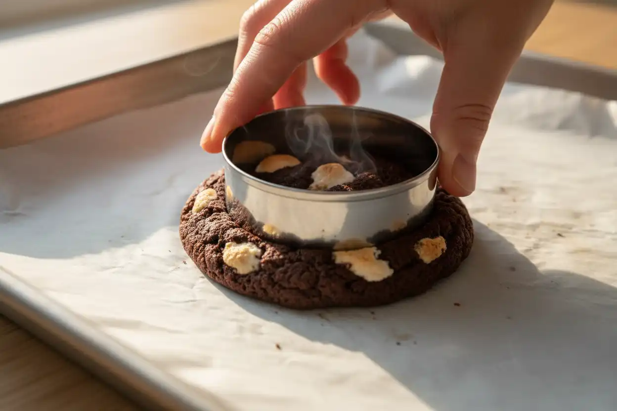 Using a round cookie cutter to circle a warm cookie on a sheet pan to create a circle
