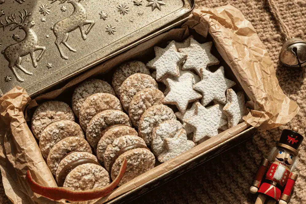 Vintage German embossed metal cookie tins lined with parchment paper, displaying stacked layers of mature Lebkuchen and Zimtsterne