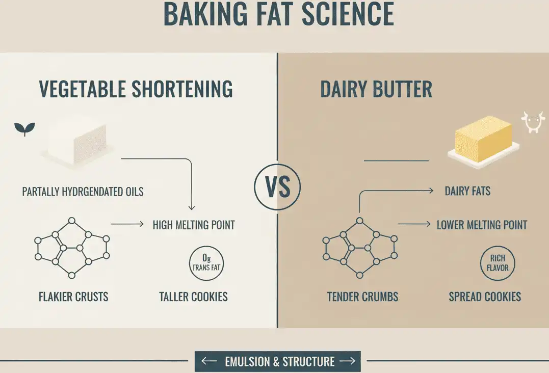 Visual breakdown comparing 100% fat shortening vs 80% fat butter at 350 degrees Fahrenheit