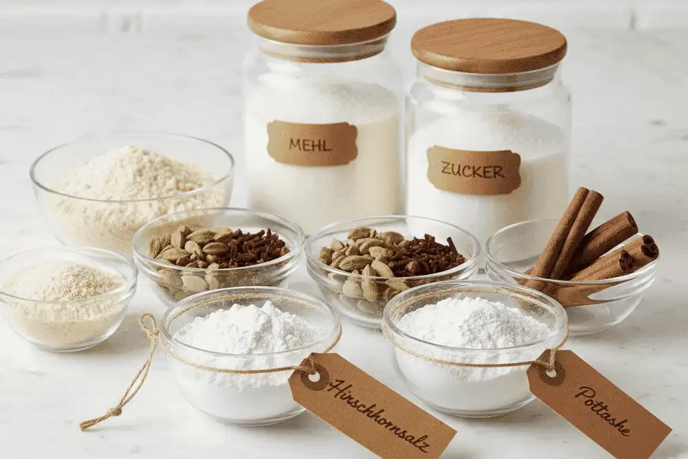 Visual comparison breakdown between Hirschhornsalz, Pottasche, and conventional baking powder showing chemical formulas, reaction temperatures, and ideal dough types