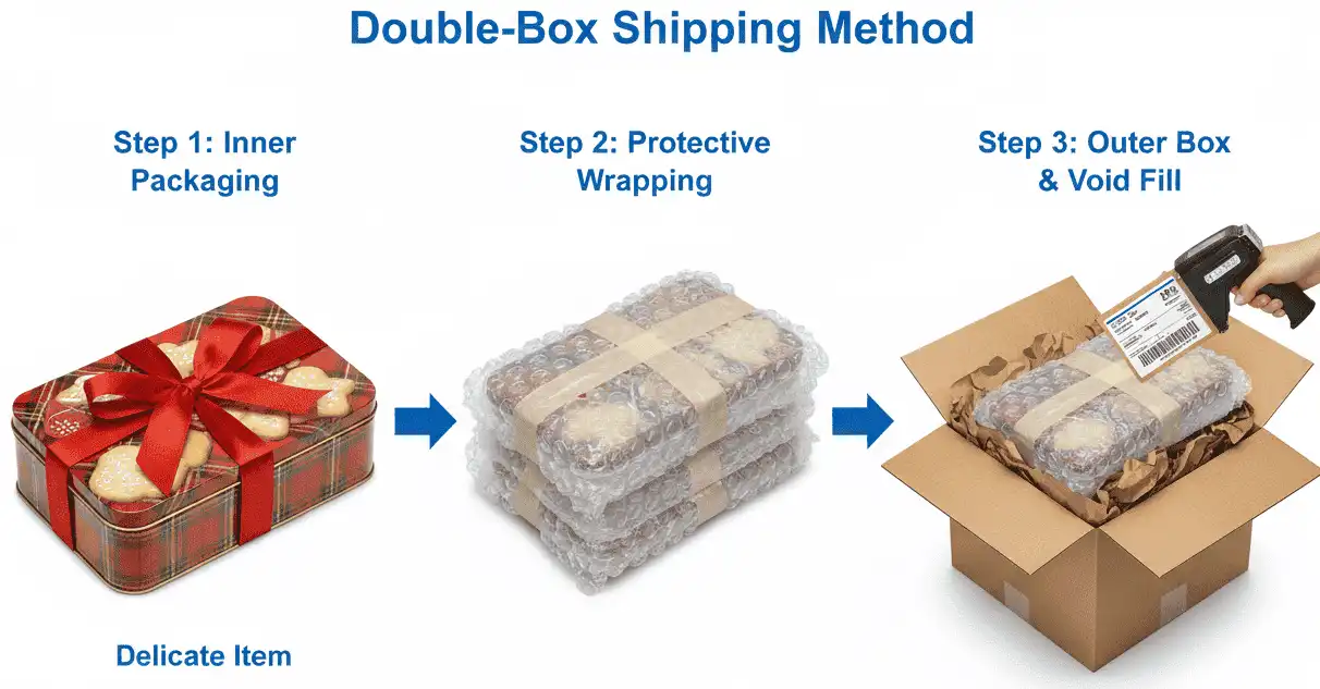 Visual diagram of the double-box shipping method showing the inner gift box, bubble wrap buffer, and outer corrugated carton