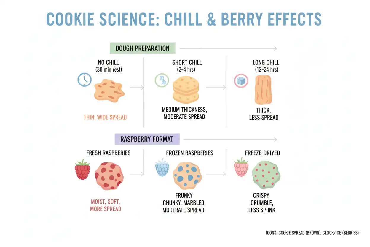 Visual flowchart showing how dough chilling and raspberry type affect cookie spread
