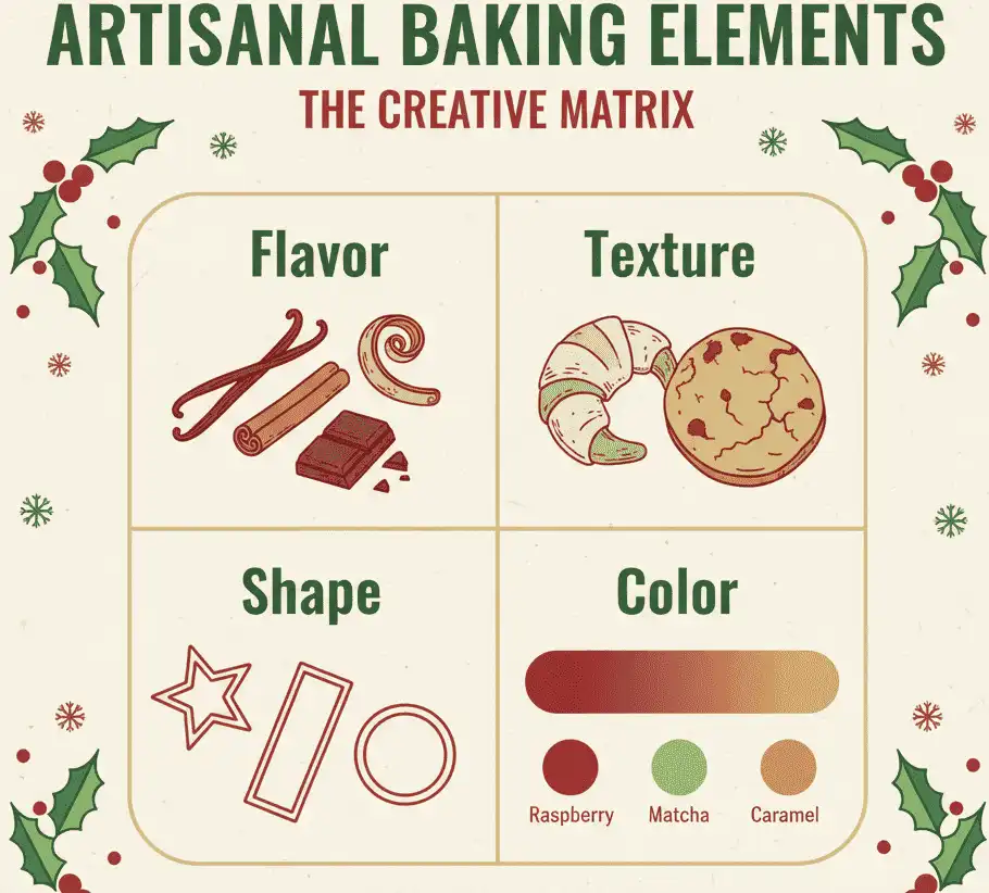 Visual matrix showing the 4 Pillars of Cookie Box Design Flavor, Texture, Shape, and Color