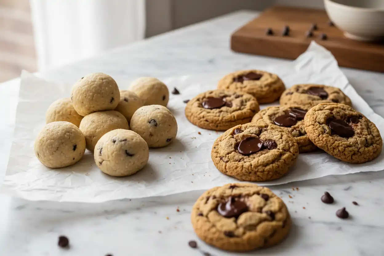 Visual overview of raw keto cookie dough and baked keto chocolate chip cookies side-by-side