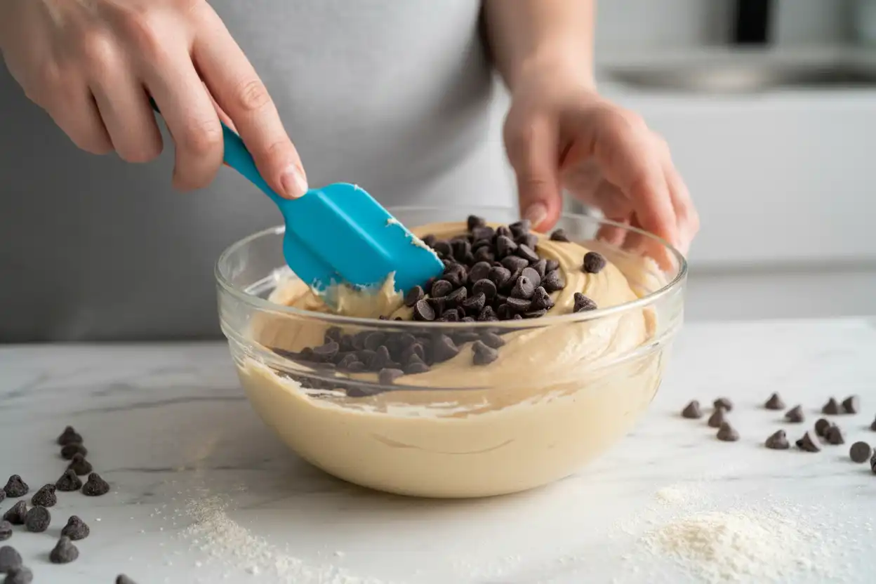 Folding sugar-free dark chocolate chips into the finished low-carb cookie dough