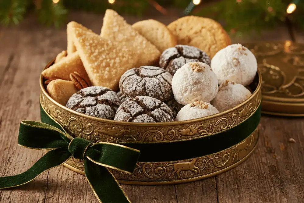 An assortment of holiday cookies neatly arranged in a tin with festive ribbon