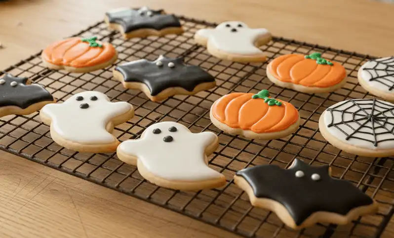 Array of decorated Halloween cookies including ghosts, bats, pumpkins, and spiderwebs on a cooling rack