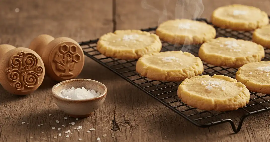 Baked copycat cookies cooling on a wire rack next to hand-carved wooden cookie stamps