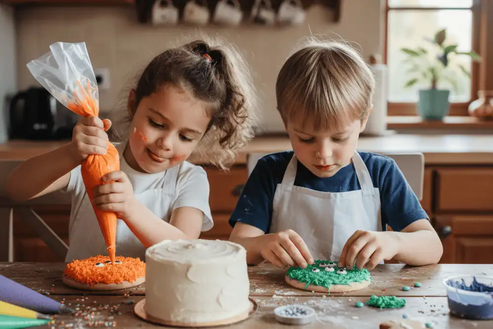 Children decorating monster cookies with buttercream grass tips and candy eyes