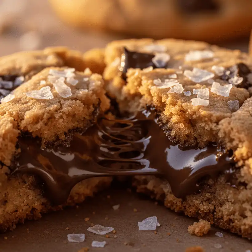 Close-up macro shot of chocolate puddles and flaky sea salt crystals on a warm cookie