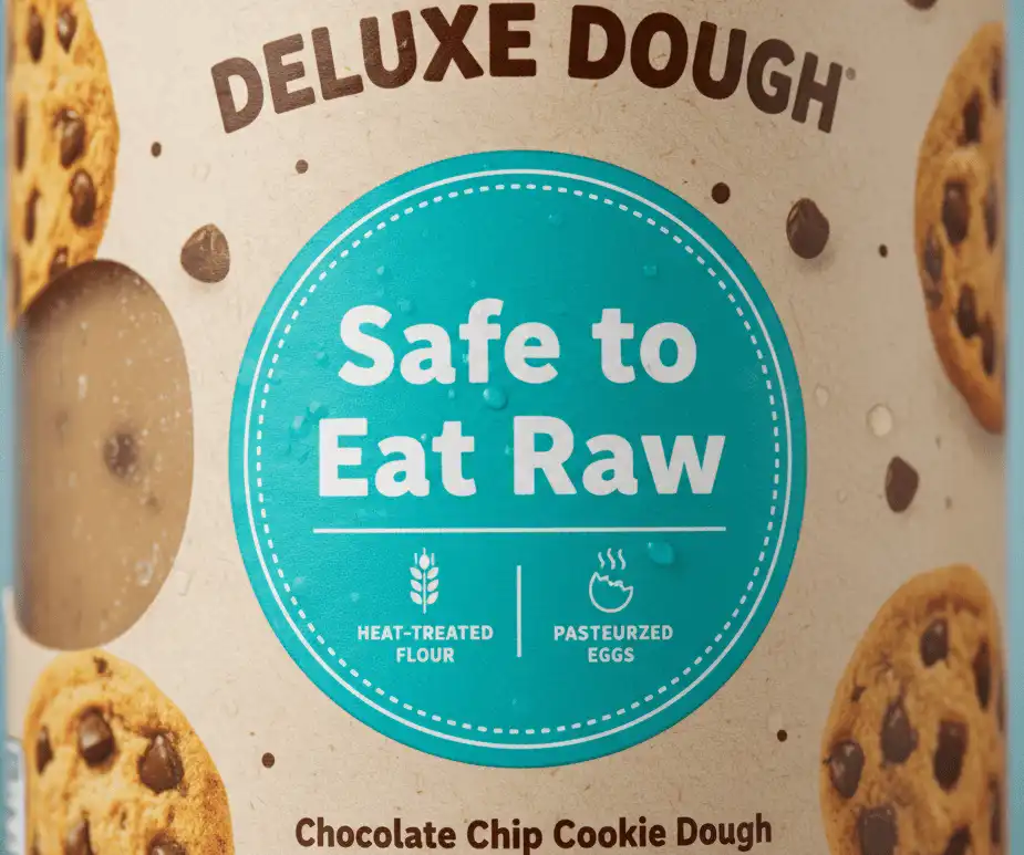 Close-up of Pillsbury dough package highlighting the Safe to Eat Raw seal