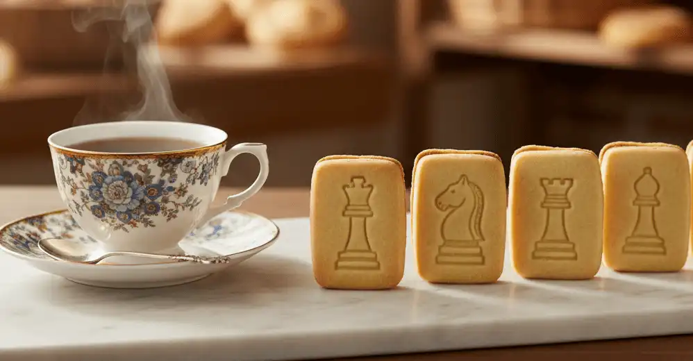Close-up shot of Pepperidge Farm Chessmen cookies resting on a marble pastry board next to a cup of black tea