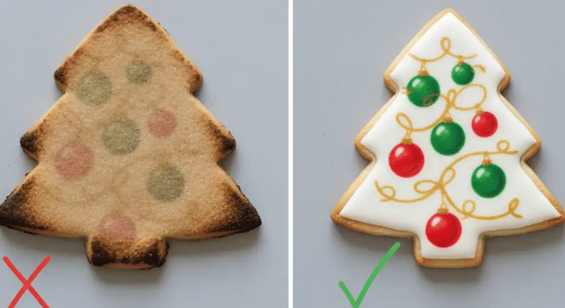 Comparison showing an over-spread blurry printed cookie alongside a perfectly baked, crisp shape cookie