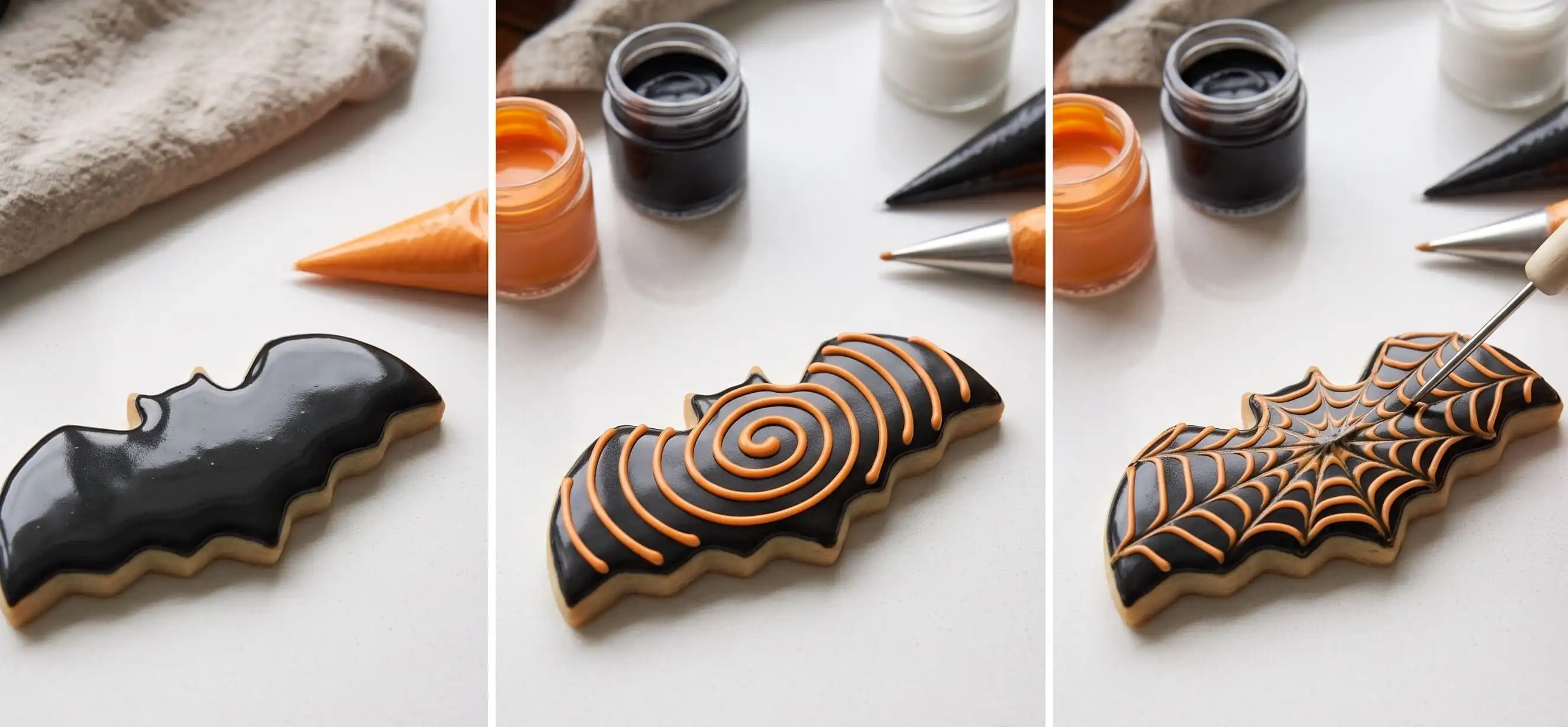 Decorator adjusting royal icing consistencies in small glass prep bowls