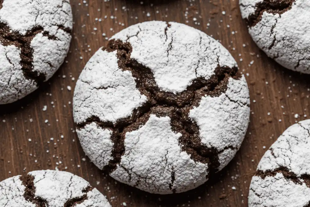 Deep dark chocolate cookies with dramatic snow-white powdered sugar cracks