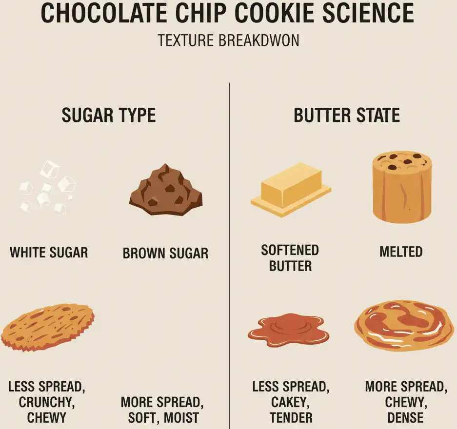 Diagram comparing sugar ratios, butter state, and their direct impact on cookie spread and chewiness