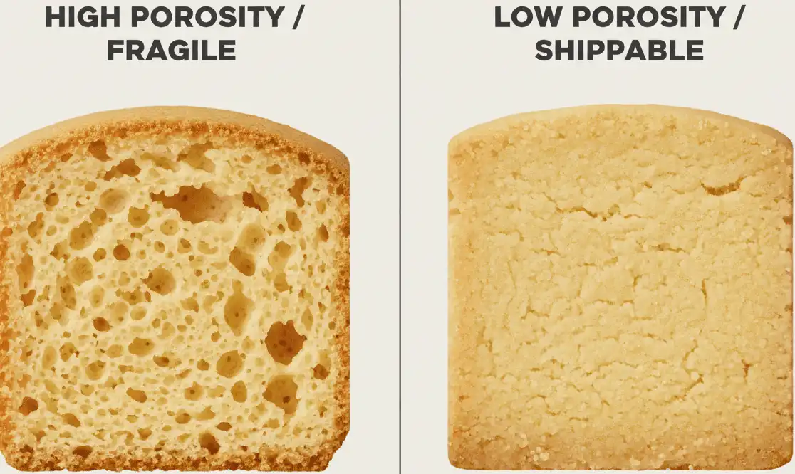 Diagram showing crumb density comparison between fragile cakey cookies vs dense shippable cookies