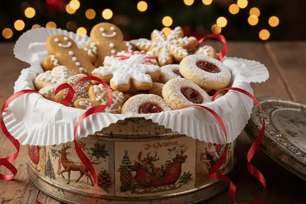 Festive holiday cookie tin packed neatly with assorted decorated cookies separated by wax paper