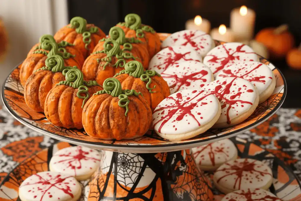 Finished collection of segmented pumpkins and vampire splatter cookies on display