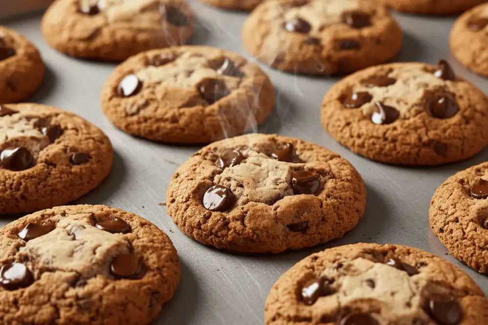 Freshly baked cookies showing golden ring edges and soft centers on a sheet pan