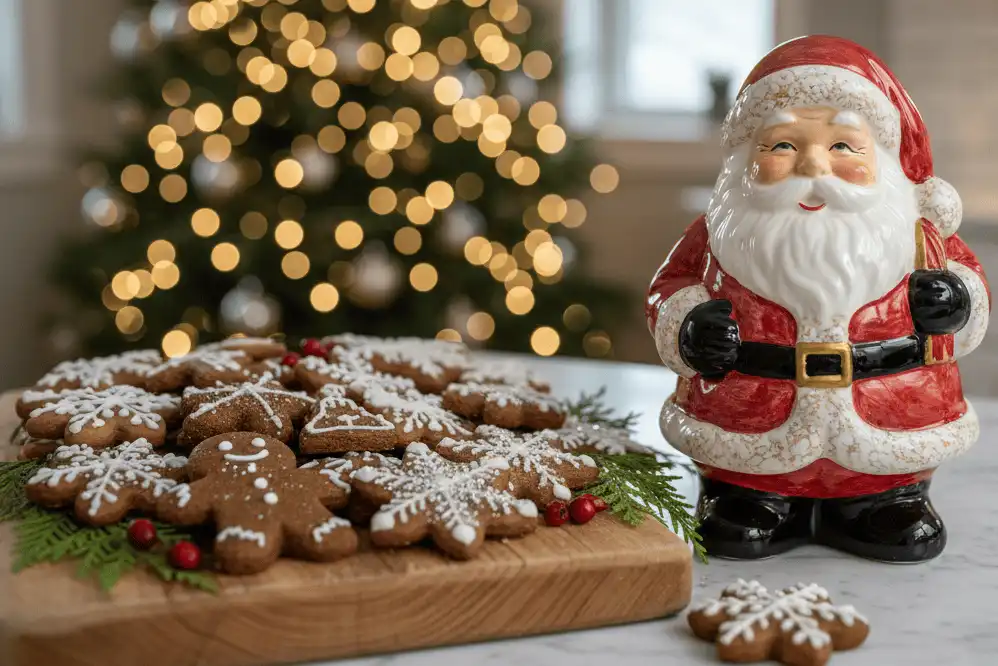 Front view of a decorated holiday kitchen counter with a ceramic Santa cookie jar next to freshly baked cookies