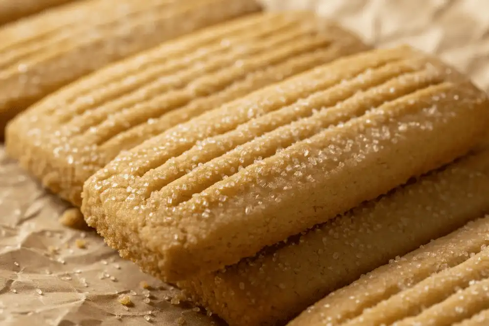 Golden-brown Scottish shortbread rounds scored with fork tines and dusted with fine sugar