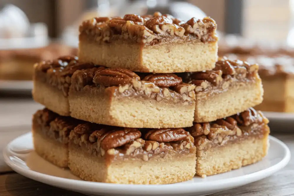 Golden brown pecan shortbread bars cut into clean, sharp, uniform squares