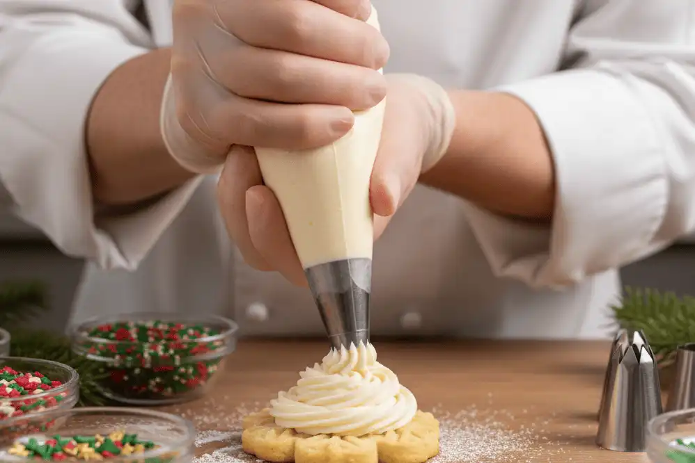 Hand piping white buttercream onto sugar cookies with an assortment of festive piping tips