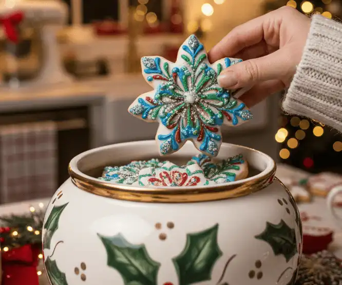 Hand reaching into a wide-mouth cookie jar holding a decorated holiday cutout cookie