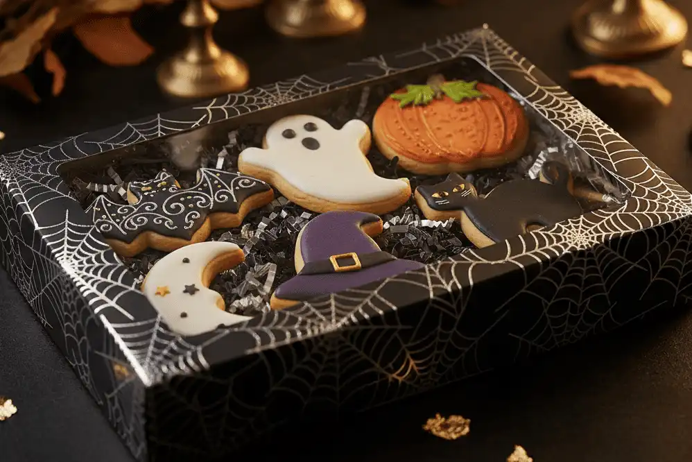 Heat-sealed decorated Halloween cookies packaged in a decorative treat box