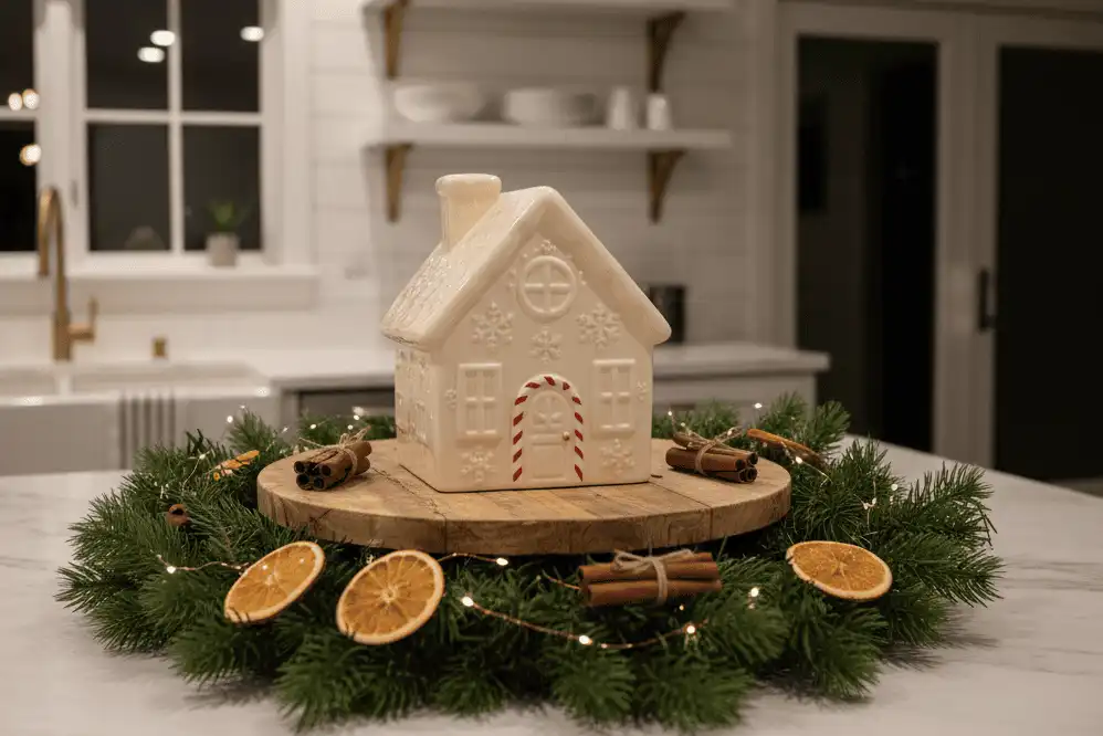 Kitchen countertop display featuring a cookie container surrounded by pine garland, fairy lights, and wooden cutting boards