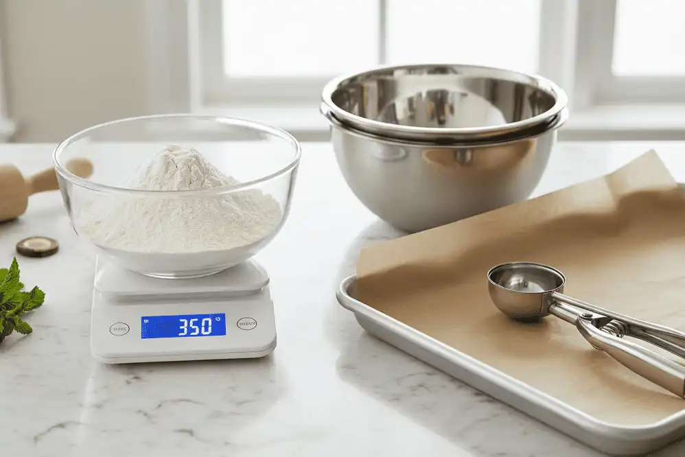 Labeled layout of kitchen scale, sheet pan with parchment, spring-loaded cookie scoop, and mixing bowls