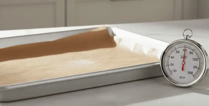 Light aluminum baking sheet lined with unbleached parchment paper next to an oven thermometer