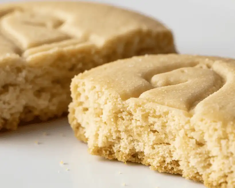 Macro shot showing the cross-section crumb density and golden embossed surface of a Chessman cookie