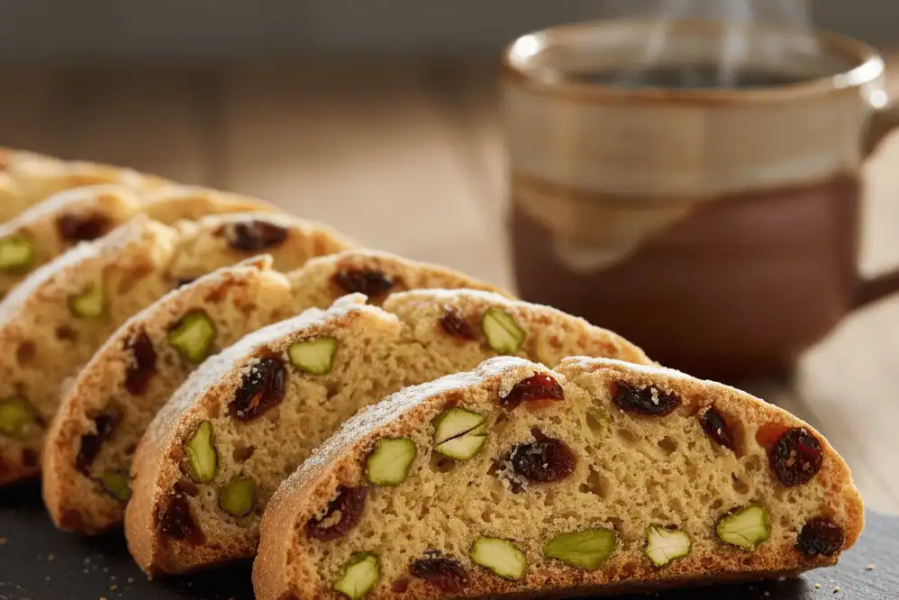 Neatly sliced twice-baked biscotti showing cross-sections of ruby cranberries and bright green pistachios