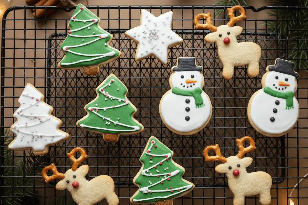Overhead flat lay of assorted baked Pillsbury Christmas cookies on a holiday cooling rack